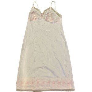 Vintage White w/ Pale Pink Floral Embroidered Slip Dress Adjustable Straps Lace